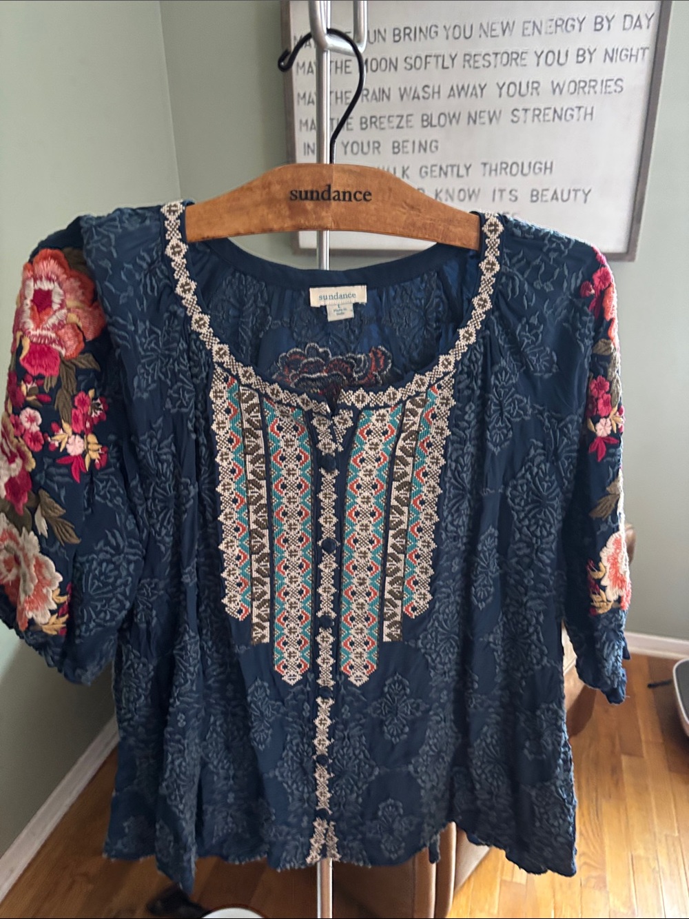Sundance Navy Embroidered Peasant Blouse with Floral Sleeves